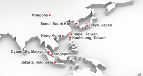 3D map highlighting major cities in East and Southeast Asia.