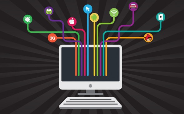 An illustrated computer with colorful connections representing various digital elements and services.