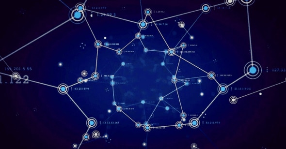 A digital network visualization with interconnected nodes and data points on a dark blue background.