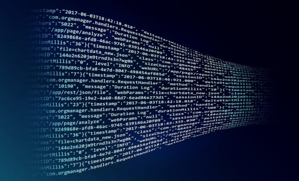 A visual representation of a flowing data stream with code and timestamps on a dark background.