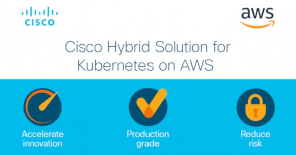 Cisco Hybrid Solution for Kubernetes on AWS visuals with key benefits.