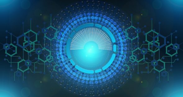 A blue abstract graphic with circular patterns and molecular structures.