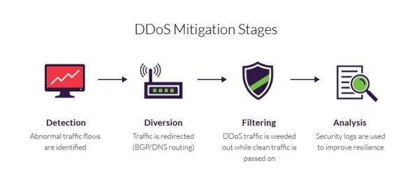 Infographic illustrating the stages of DDoS mitigation: Detection,Diversion,Filtering,and Analysis.