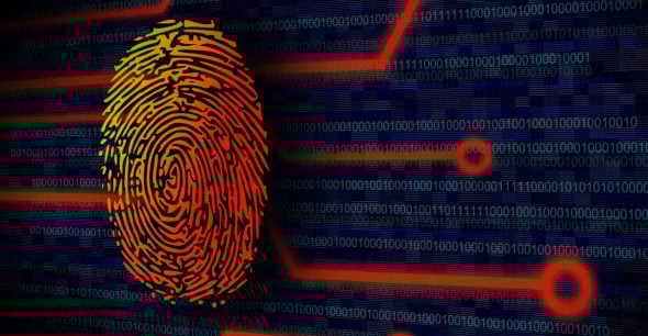 A digital representation of a fingerprint against a background of binary code and circuit-like lines