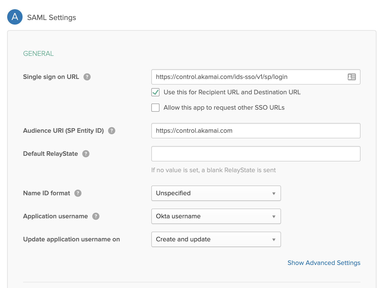 Configuration settings for SAML integration,including Single Sign-On URL,Audience URI,and application username options.