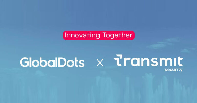 A graphic featuring the logos of GlobalDots and Transmit Security with the text 'Innovating Together'.