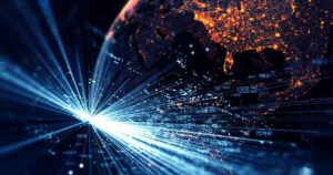 An abstract depiction of Earth with glowing lights and data streams,representing technology and connectivity.