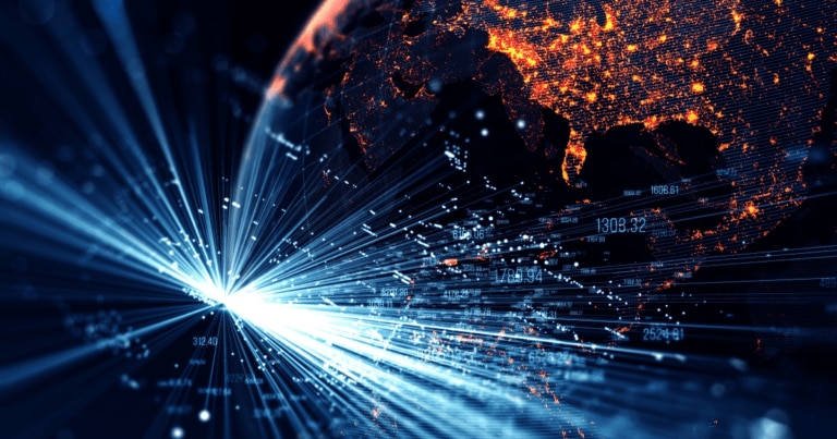 A digital representation of the Earth with bright light rays emanating from it