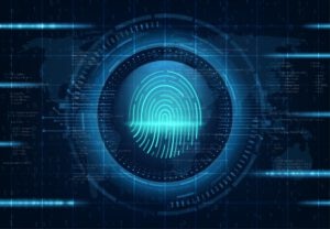 Abstract digital representation of a fingerprint with binary code.