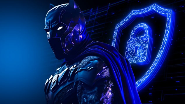 A superhero in a black suit with a blue background and a digital shield emblem.