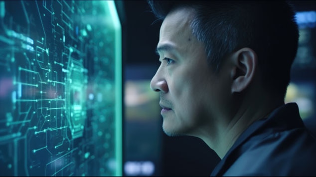 A man focused on a holographic display showing digital data and circuits.