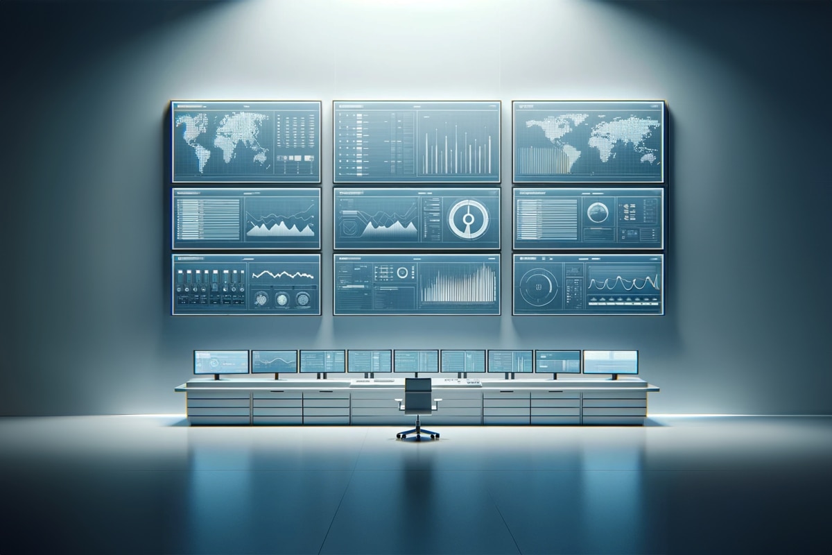 A modern control room featuring multiple large screens displaying various data visualizations and analytics.