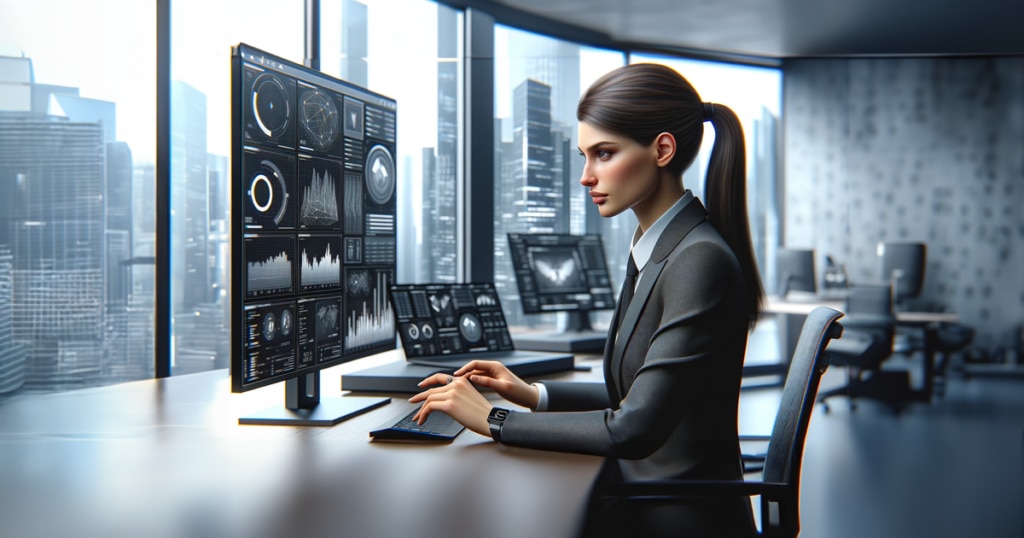A professional woman in a business suit working at a modern office with multiple screens displaying data and graphics.