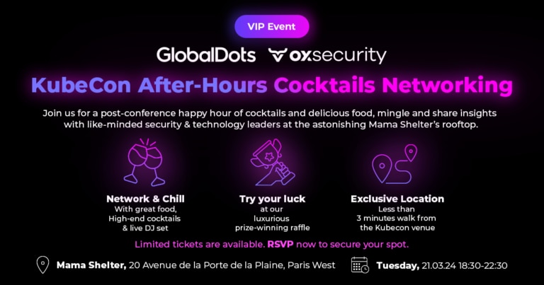 Promotional graphic for KubeCon After-Hours Cocktails Networking event.