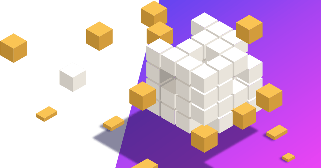 A 3D illustration of a cube composed of white blocks with yellow cubes around it.