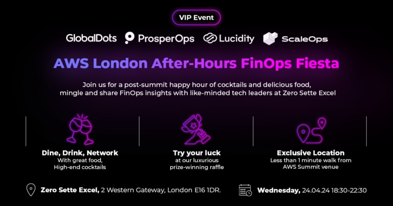Invitation to the AWS London After-Hours FinOps Fiesta event including details about food,drinks,networking,and raffle.